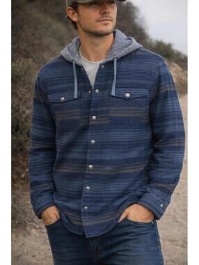 Katin Hooded Flannel Shirt Jacket Stripe Blue Snap Button NWT M